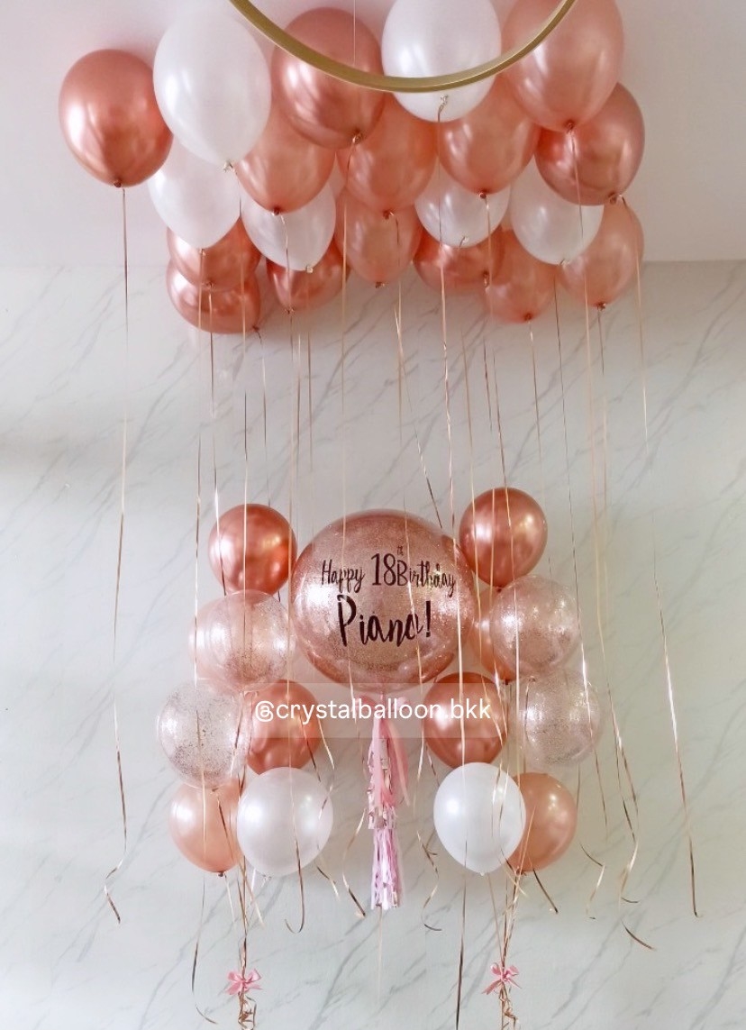 ลูกโป่ง วันเกิด Bubble ขนาด 24" ลูกกลิตเตอร์สีโรสโกลด์ พร้อม ลูกโป่งลอยฝ้า 20 ลูก ,ลูกโป่งช่อ ช่อ 7 ลูก 2 ช่อ พร้อมตกเเต่ง สามารถเปลี่ยนสีลูกโป่ง/ข้อความสามารถเปลี่ยนได้