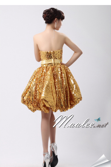 พร้อมเช่า ชุดราตรีสั้น เกาะอก สีทอง Glitter กระโปรงทรง Balloon