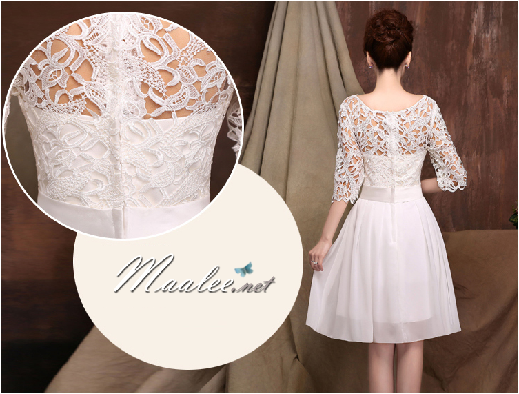 พร้อมเช่า ชุดราตรีสั้น สีครีม แขนสามส่วน ลูกไม้ฉลุ กระโปรงผ้าชีฟอง