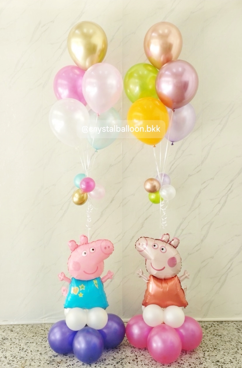 ลูกโป่ง วันเกิดเด็ก Peppa Pig ตั้งฐาน 2 ชิ้น พร้อม ช่อลูกโป่ง ช่อ 5 ลูก 2 ช่อ พร้อมตกเเต่ง สามารถเปลี่ยนสีลูกโป่ง/เปลี่ยนข้อความ/เปลี่ยนฟอยล์ตกแต่งได้