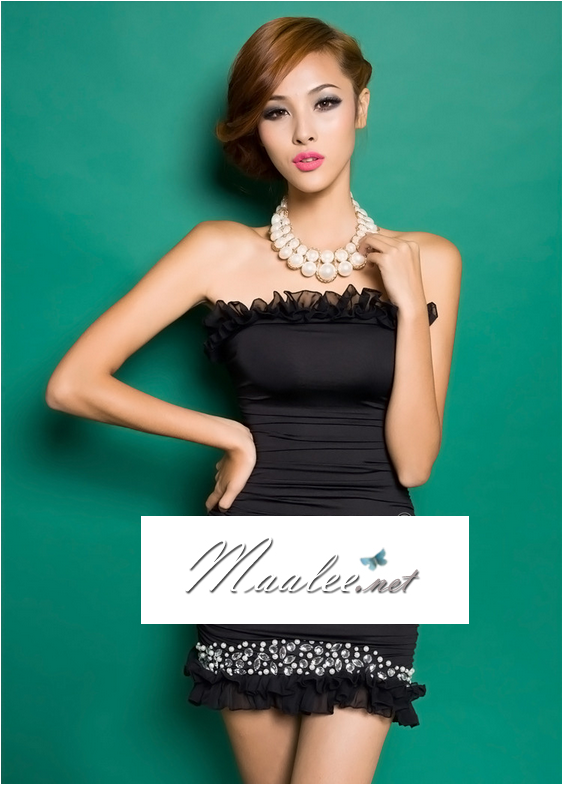 พร้อมเช่า ชุดเดรสสั้น เกาะอก สีดำ สุดเปรี้ยว ถอดหางปลาออกได้