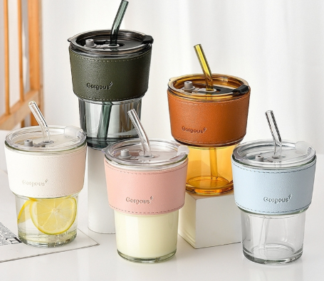 แก้วใส พร้อมหลอด/ปลอกหนังกันร้อน 400ml