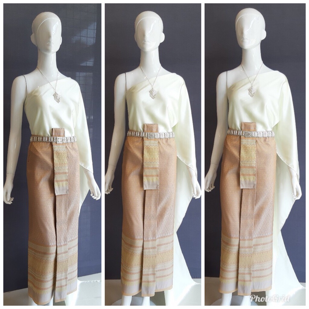 เช่า ชุดไทย ชุดเพื่อนเจ้าสาว ชุดไทยผ้าถุงสีเทาชาทอง สไบเรียบสีงาช้าง