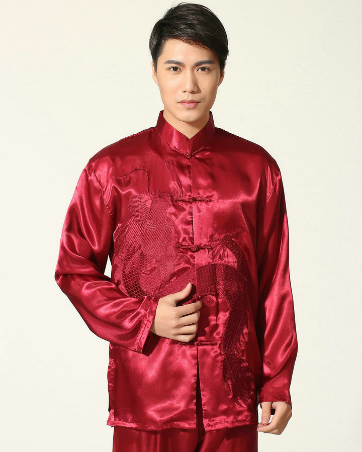 Pre-order ชุดจีน ชาย เสื้อพร้อมกางเกง สีแดง ปักลายมังกร