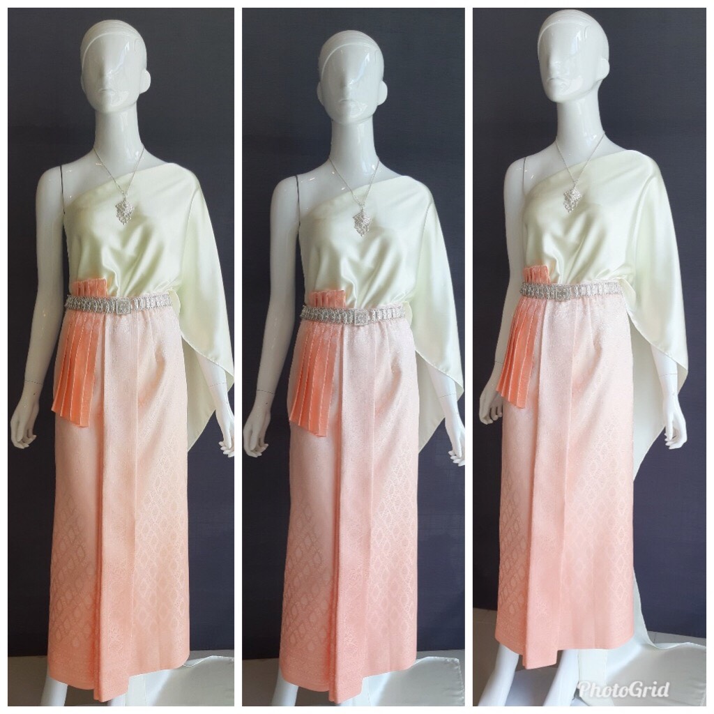 เช่า ชุดไทย ชุดเพื่อนเจ้าสาว ชุดไทยผ้าถุงสีโอรสไล่สี สไบเรียบสีงาช้าง