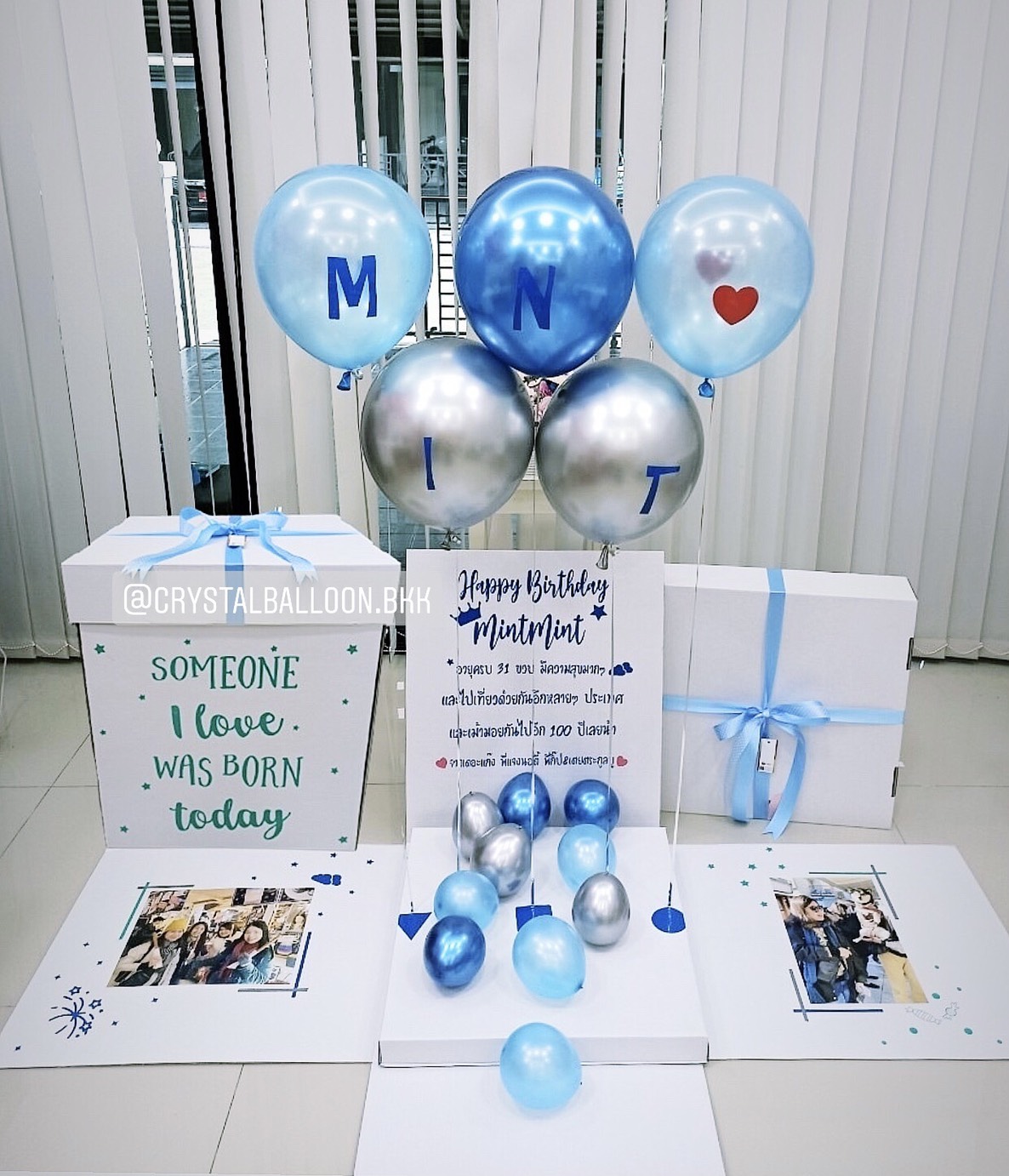 Happy Birthday Surprise Box Theme สีฟ้า-น้ำเงิน พร้อมตกแต่ง ช่อลูกโป่ง 1 ช่อ,สามารถใส่รูปได้ 2 ใบ สามารถเปลี่ยนสีลูกโป่ง/เปลี่ยนข้อความได้