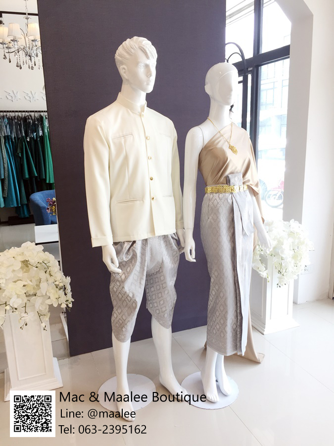 เช่า ชุดไทย ชุดเพื่อนเจ้าสาว ชุดไทยผ้าถุงสีเทาเงิน สไบเรียบ สีน้ำตาลทอง