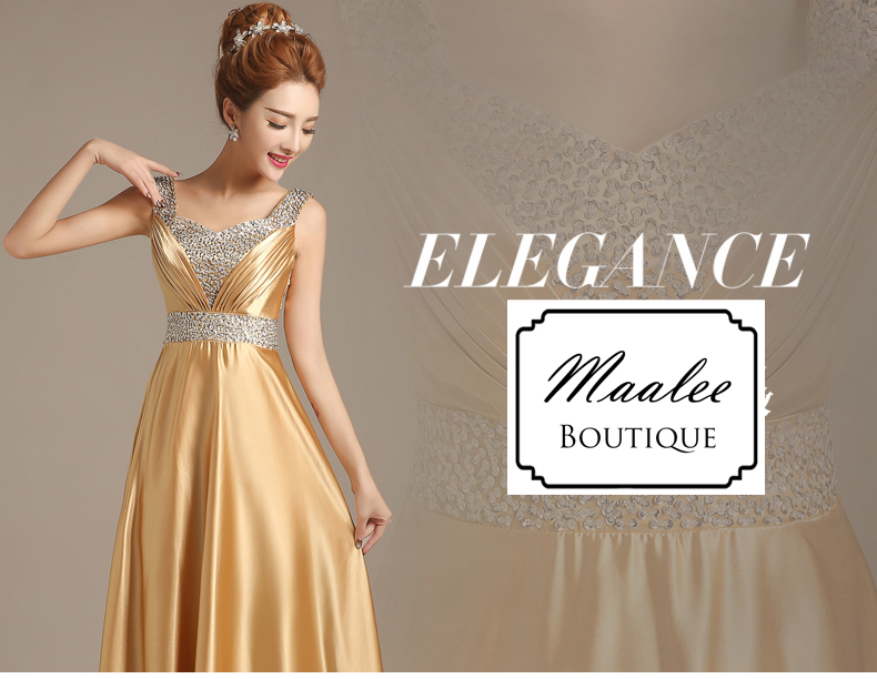 พร้อมเช่า ชุดราตรียาว สีทอง คอวี จับเดรปหน้าอก ปักเลือมช่วงอกและเอว
