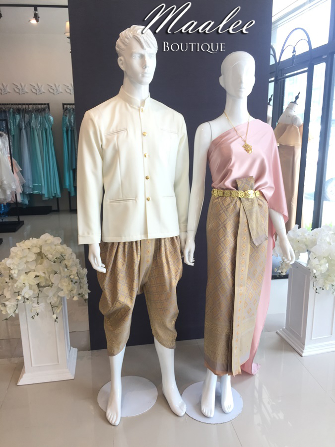 เช่า ชุดไทย ชุดเพื่อนเจ้าสาว ชุดไทยผ้าถุงทอง สไบเรียบ สีโรสโกล