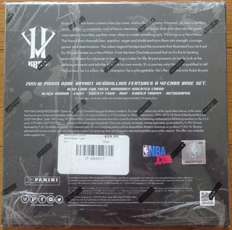 การ์ดสะสม บาสเกตบอล พานินี่ 2016 ชุด HeroVillain KOBE BRYANT Farewell Box Set ใหม่ / Panini Basketball Trading Cards 2016 - HeroVillain KOBE BRYANT Farewell Box Set NEW
