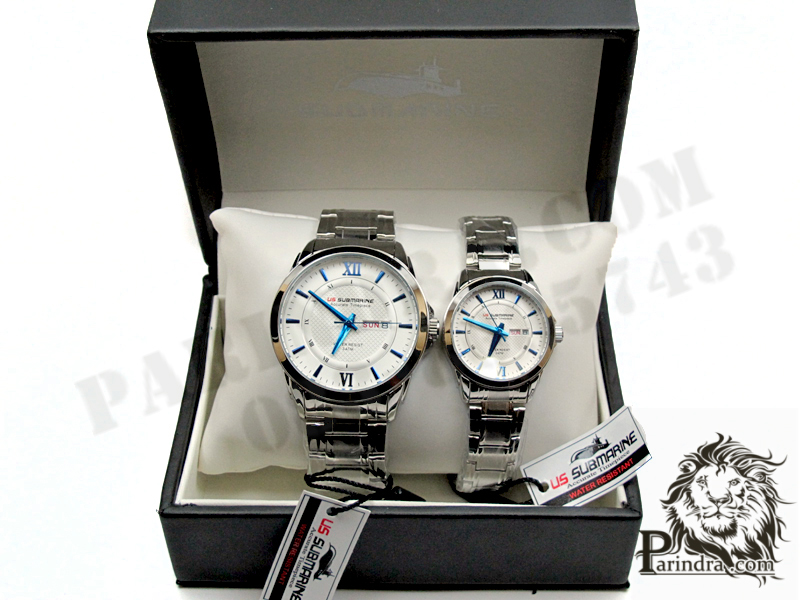 นาฬิกาคู่ US submarine รุ่น J099DD ของแท้ 100% ตัว Accuratc Timcpiece สีเงินหน้าปัดขาวเข็มฟ้า