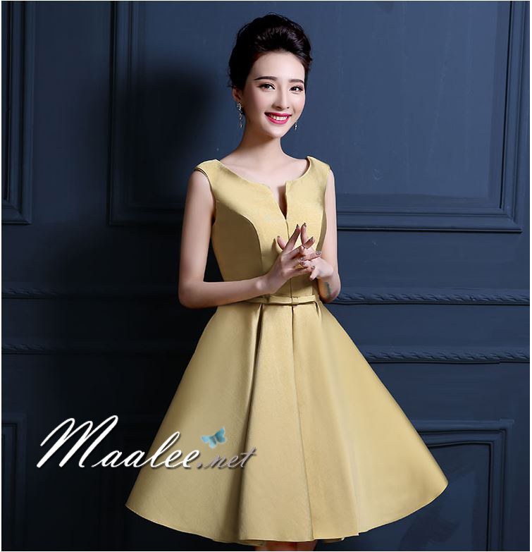 พร้อมส่ง ชุดราตรีสั้น แบบแขนกุด สีทอง (เชือกผูกหลัง)