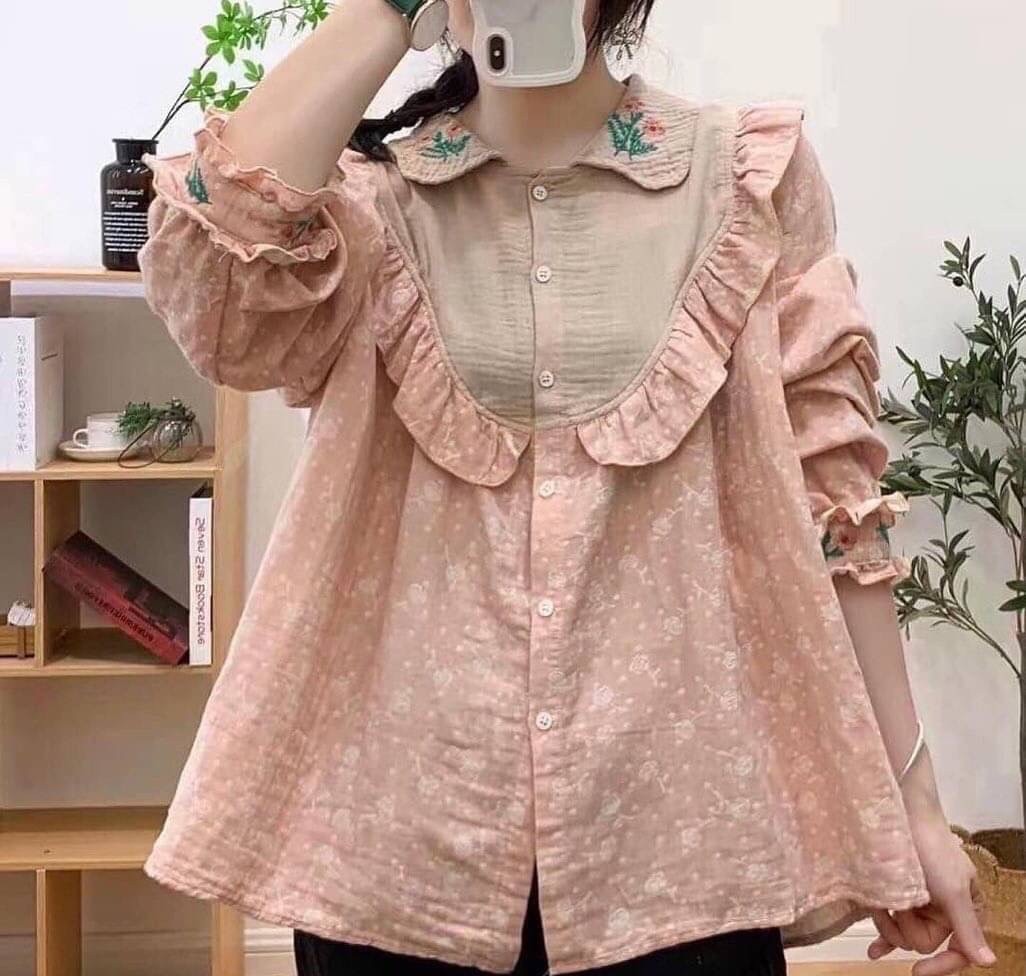 เสื้อผ้าฝ้ายนุ่มลายดอกไม้ลายปักแต่งระบาย