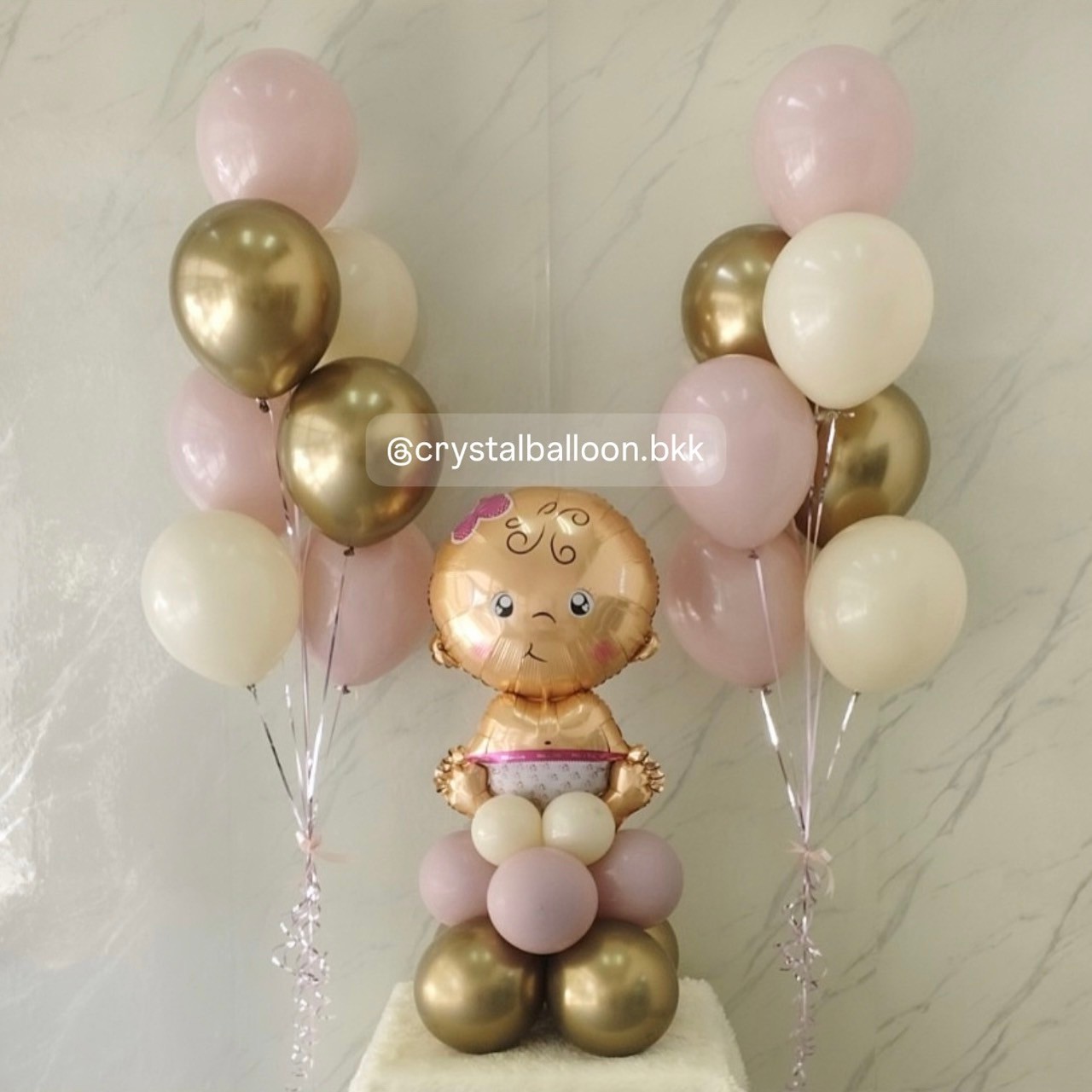ลูกโป่ง Welcome Baby Girl ฟอยล์เด็กผญ. ตั้งฐาน 1 ชิ้น ช่อลูกโป่ง ช่อ 7 ลูก 2 ช่อ สีคาเมเลียโครเมียม/Sand/Dusk Pink พร้อมตกแต่ง สามารถเปลี่ยนสีลูกโป่ง/เปลี่ยนฟอยล์ตกแต่งได้