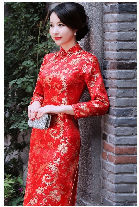 Pre-order กี่เพ้า ผ้าไหมจีน สีแดง แขนยาว ลายนกฟินิกซ์ ตัดเย็บอย่างดี