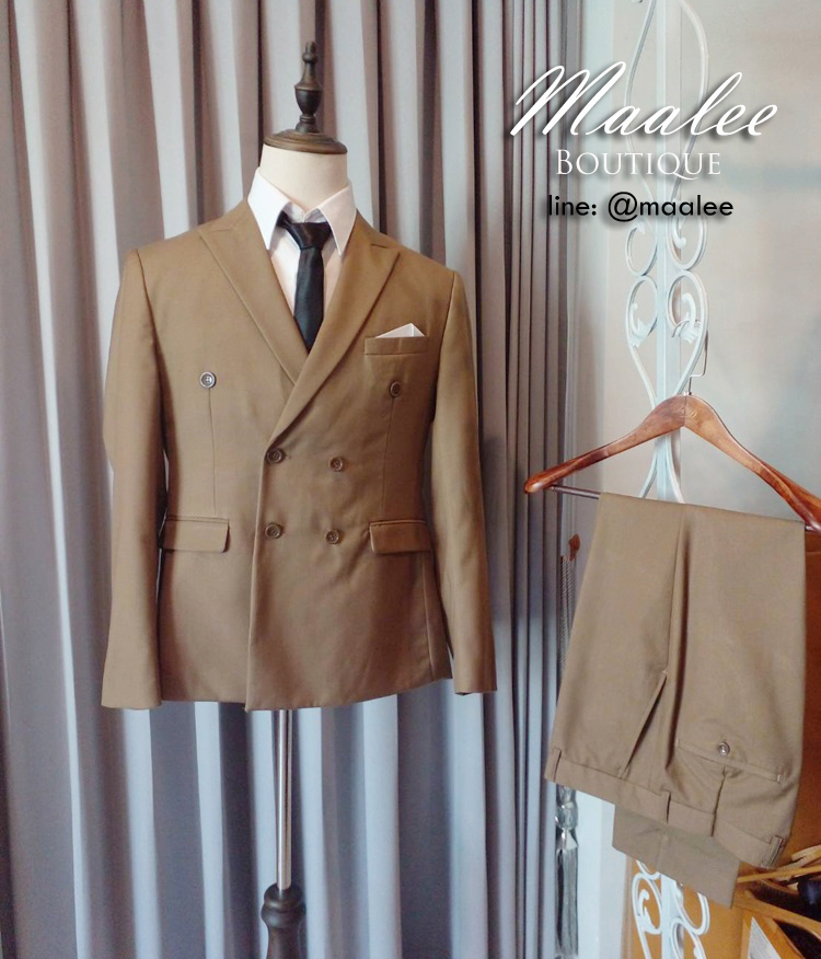 พร้อมเช่า ชุดสูทชาย สูทสีน้ำตาล Coffee Brown กระดุม 2 แถว Double-breasted Suit