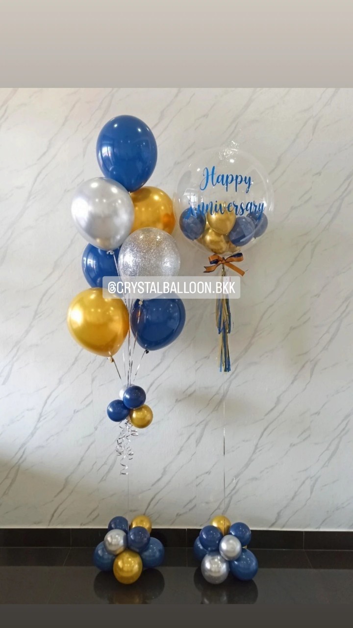 ลูกโป่ง วันครบรอบ Bubble USA 24" 1 ลูก พร้อม ช่อลูกโป่ง ช่อ 7 ลูก 1 ช่อ Theme สี Dark Blue-ทองเข้มโครเมี่ยม พร้อมตกแต่ง สามารถเปลี่ยนสีลูกโป่ง/เปลี่ยนข้อความได้