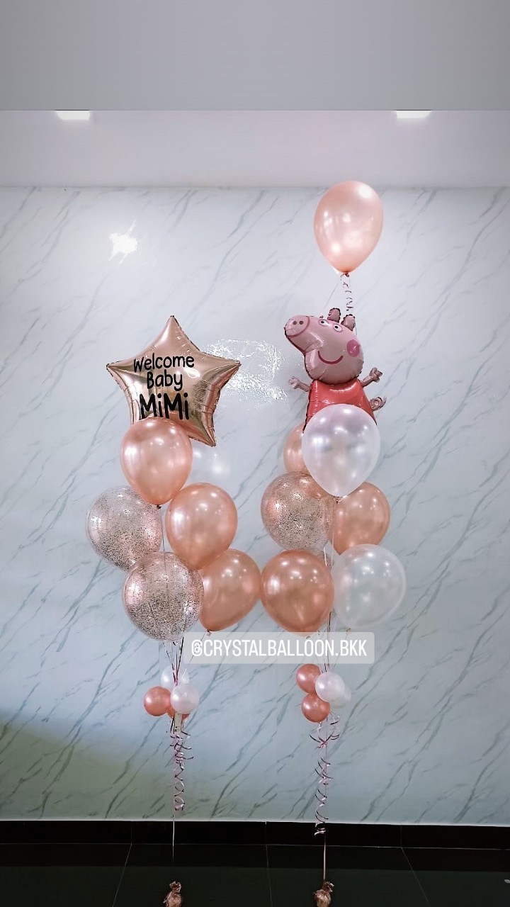 ลูกโป่ง Welcome Baby Girl Theme โรสโกล ช่อลูกโป่งฟอยล์ดาว ขนาด 24" ช่อ 7 ลูก 1 ช่อ พร้อมตกแต่ง ช่อลูกโป่ง ฟอยล์ Peppa Pig ช่อ 7 ลูก 1 ช่อ,ลูกโป่งใส ใส่กลิตเตอร์ สามารถเปลี่ยนสีลูกโป่ง/เปลี่ยนข้อความ/เปลี่ยนฟอยล์ตกแต่งได้