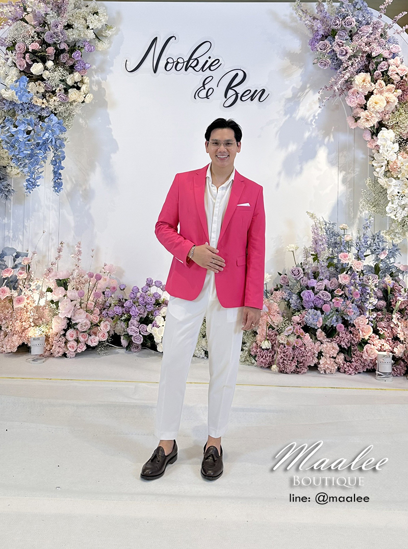 พร้อมเช่า ชุดสูทชาย สีชมพูบานเย็น ทรงเข้ารูป Slim-cut (พร้อมเสื้อกั๊ก) สำเนา