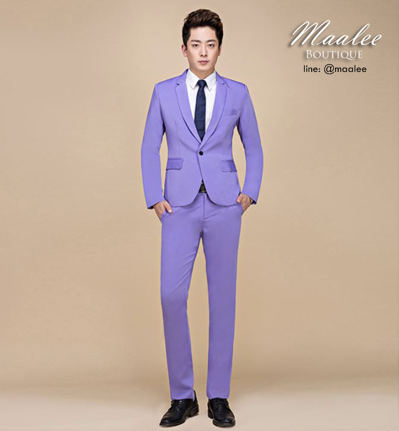 พร้อมเช่า ชุดสูทชาย สีม่วง สไตล์เกาหลี (ไม่มีเสื้อกั๊ก)