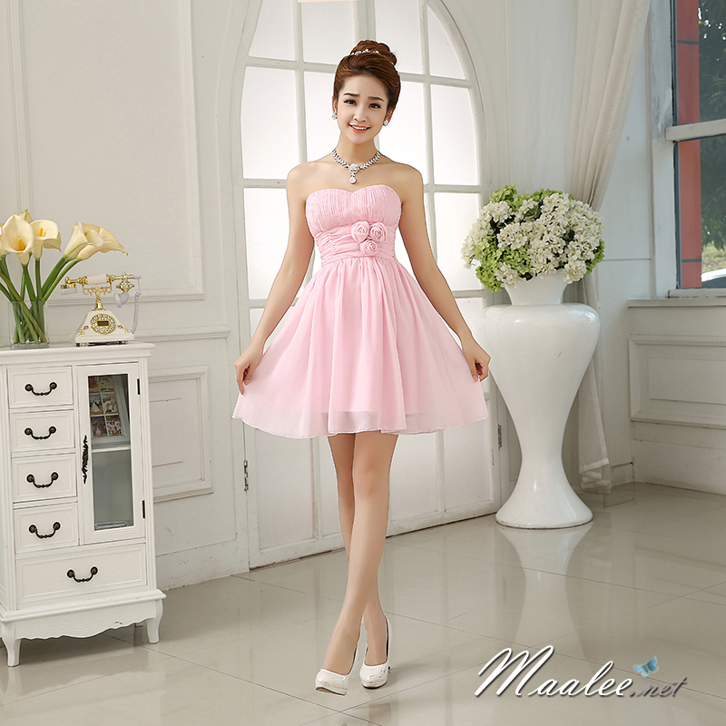พร้อมส่ง ชุดเดรสสั้น เกาะอก จับสม๊อกด้านหลัง สีชมพู