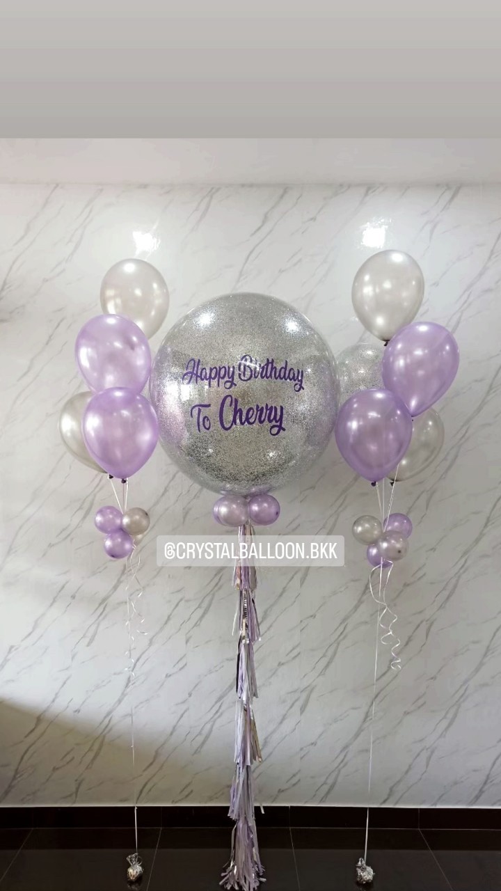 ลูกโป่ง วันเกิด Bubble ขนาด 36" สีเงิน พร้อมตกแต่ง ช่อลูกโป่ง 5 ลูก 2 ช่อ สามารถเปลี่ยนสีลูกโป่ง/เปลี่ยนข้อความ/เปลี่ยนขนาดได้
