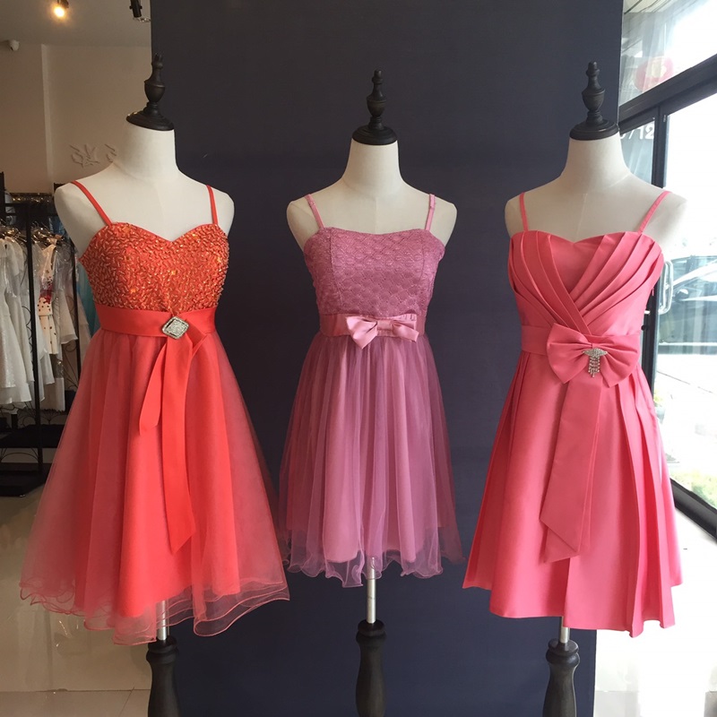 Sale พร้อมส่ง ชุดราตรีสั้น สายเดี่ยว สีโอโรส