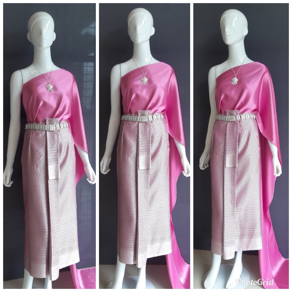 เช่า ชุดไทย ชุดเพื่อนเจ้าสาว ชุดไทยผ้าถุงสีม่วง สไบเรียบสีชมพูเข้ม