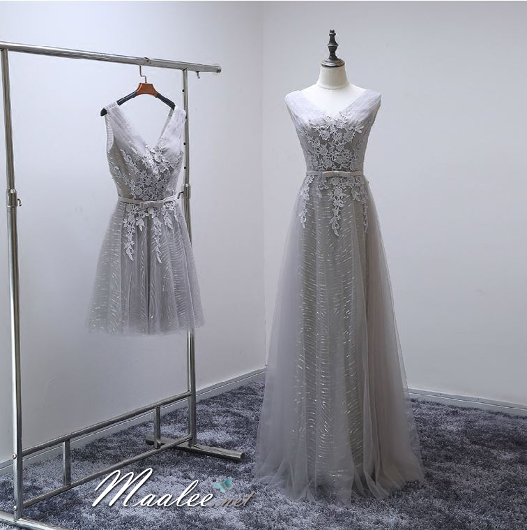 พร้อมเช่า ชุดราตรีสั้น แขนกุด สีเทา แต่งลายลูกไม้ ผ้าตาข่าย ข้างในปักเลื่อมสวย