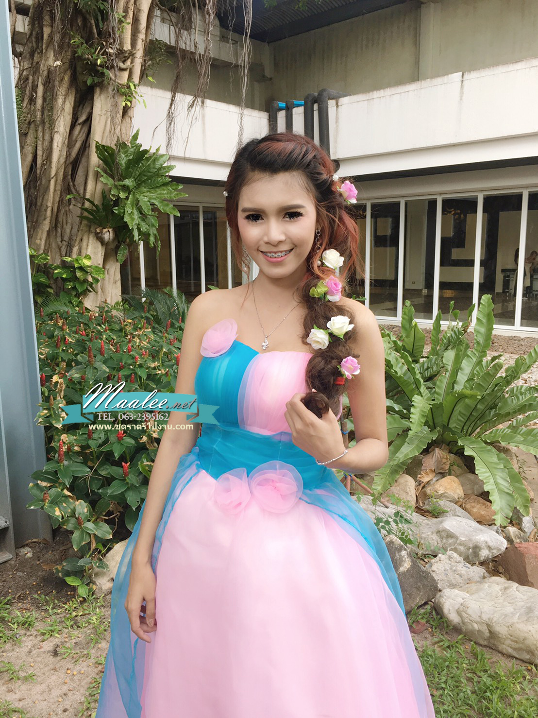 พร้อมเช่า ชุดแฟนซี ชุดราตรียาว เกาะอก สีฟ้า ชมพู สวยหวาน ผ้าโปร่งแต่งดอกไม้