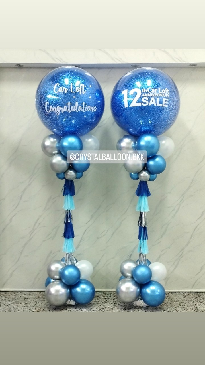 เสาลูกโป่ง เปิดงาน Bubble ขนาด 36" กลิตเตอร์สีน้ำเงิน 2 เสา พร้อมตกแต่ง สามารถเปลี่ยนสีลูกโป่ง/เปลี่ยนข้อความได้