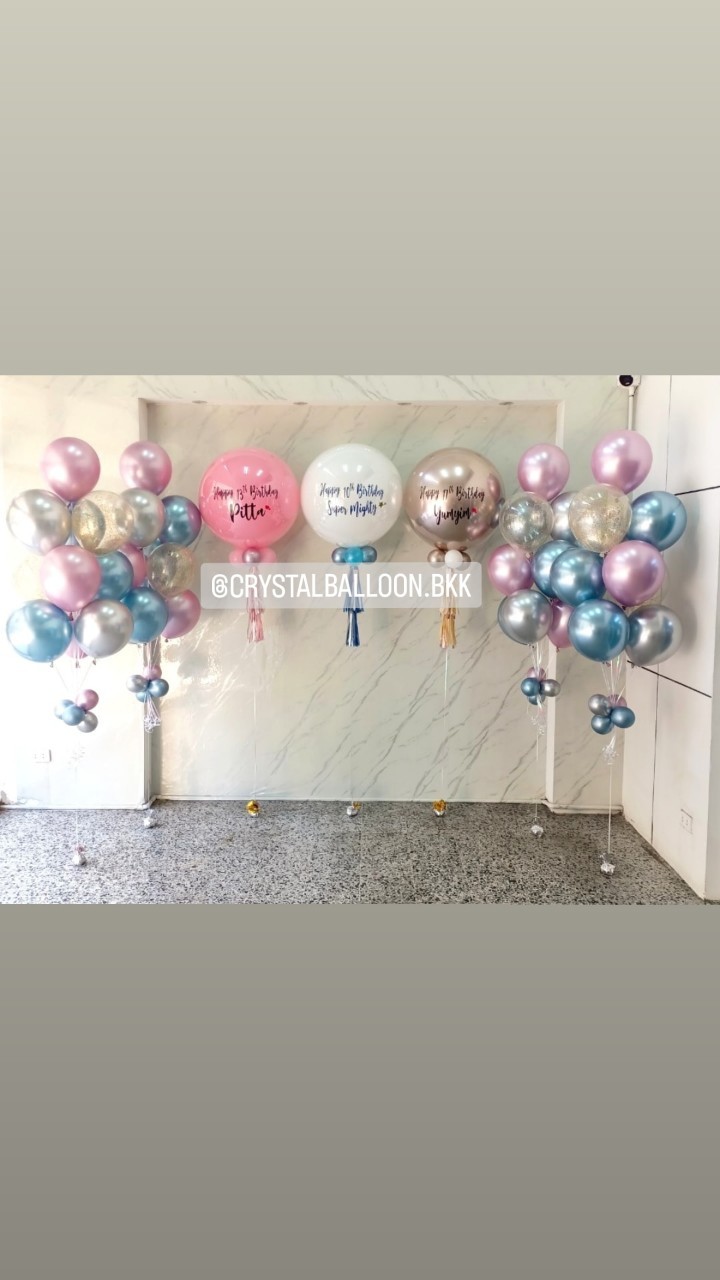 ลูกโป่ง วันเกิดเด็ก ลูกโป่งยาง ขนาด 24" สีชมพู 1 ลูก,สีขาว 1 ลูก,สีแชมเปญโกลโครเมี่ยม 1 ลูก พร้อม ช่อลูกโป่งสีโครเมี่ยมช่อ 10 ลูก 4 ช่อ พร้อมตกแต่ง สามารถเปลี่ยนสีลูกโป่ง/เปลี่ยนข้อความ/เปลี่ยนขนาดได้