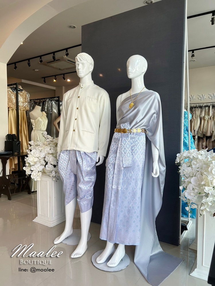 เช่า ชุดไทย ชุดเพื่อนเจ้าสาว ชุดไทยผ้าถุงสีชมพูฟ้าเงิน สไบเรียบสีเทา