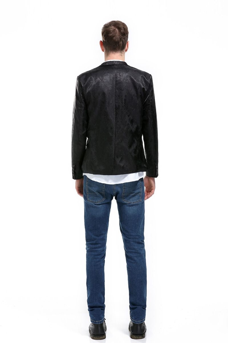 พร้อมเช่า ชุดสูทชาย สีดำ พิมพ์ลาย เนื้อผ้าแพรแบบหรูมาก