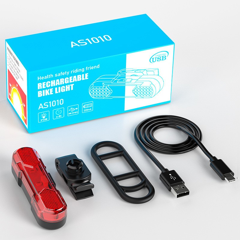 ไฟท้ายจักรยาน AS1010 แบบชาร์จไฟได้ พร้อมโหมดแสงหลายแบบ มี USB สำหรับชาร์จ ใช้งานได้นาน 4-8 ชม. เหมาะสำหรับปั่นตอนกลางคืน เพิ่มความปลอดภัยสูงสุด
