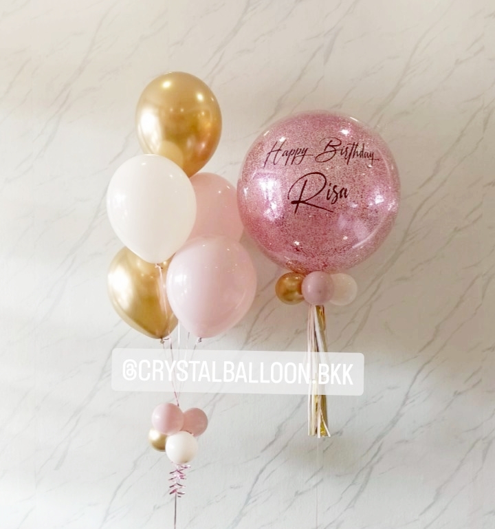 ลูกโป่ง วันเกิด Bubble 24" กลิตเตอร์สีชมพู พร้อม ลูกโป่งช่อ 5 ลูก 1 ช่อ พร้อมตกแต่ง สามารถเปลี่ยนสีลูกโป่ง/เปลี่ยนข้อความได้