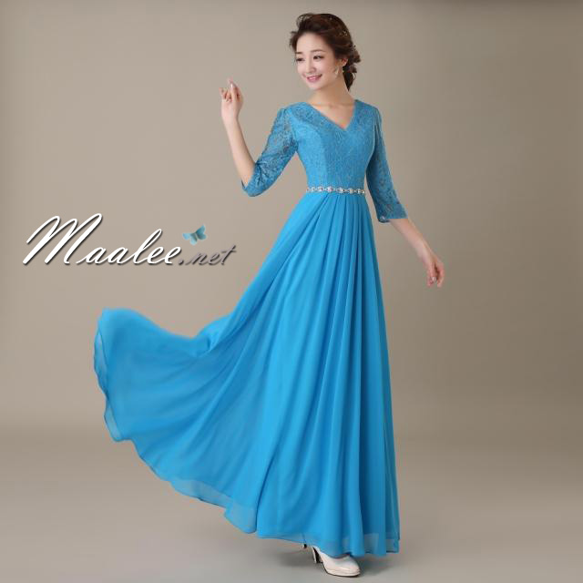 พร้อมส่ง ชุดราตรียาว สีฟ้า ไซส์ใหญ่ แขนสามส่วน แต่งลูกไม้ กระโปรงผ้าชีฟอง เอวแต่งเพชร ** มีไซส์ 2XL- 9XL (อก48 เอว42) **
