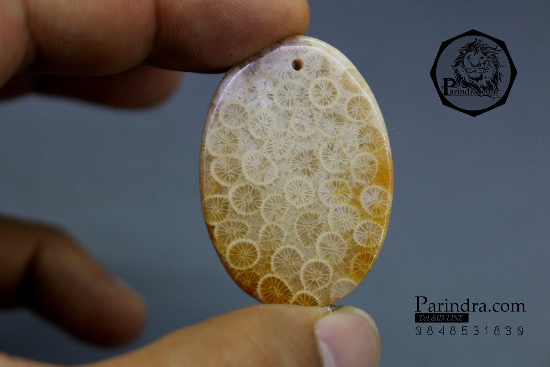 ฟอสซิลหินปะการังขัด Fossil Coral ใหญ่และหนา สำหรับห้อยคอ หรือ พวงกุญแจ คัดสวยพิเศษ #CRF013