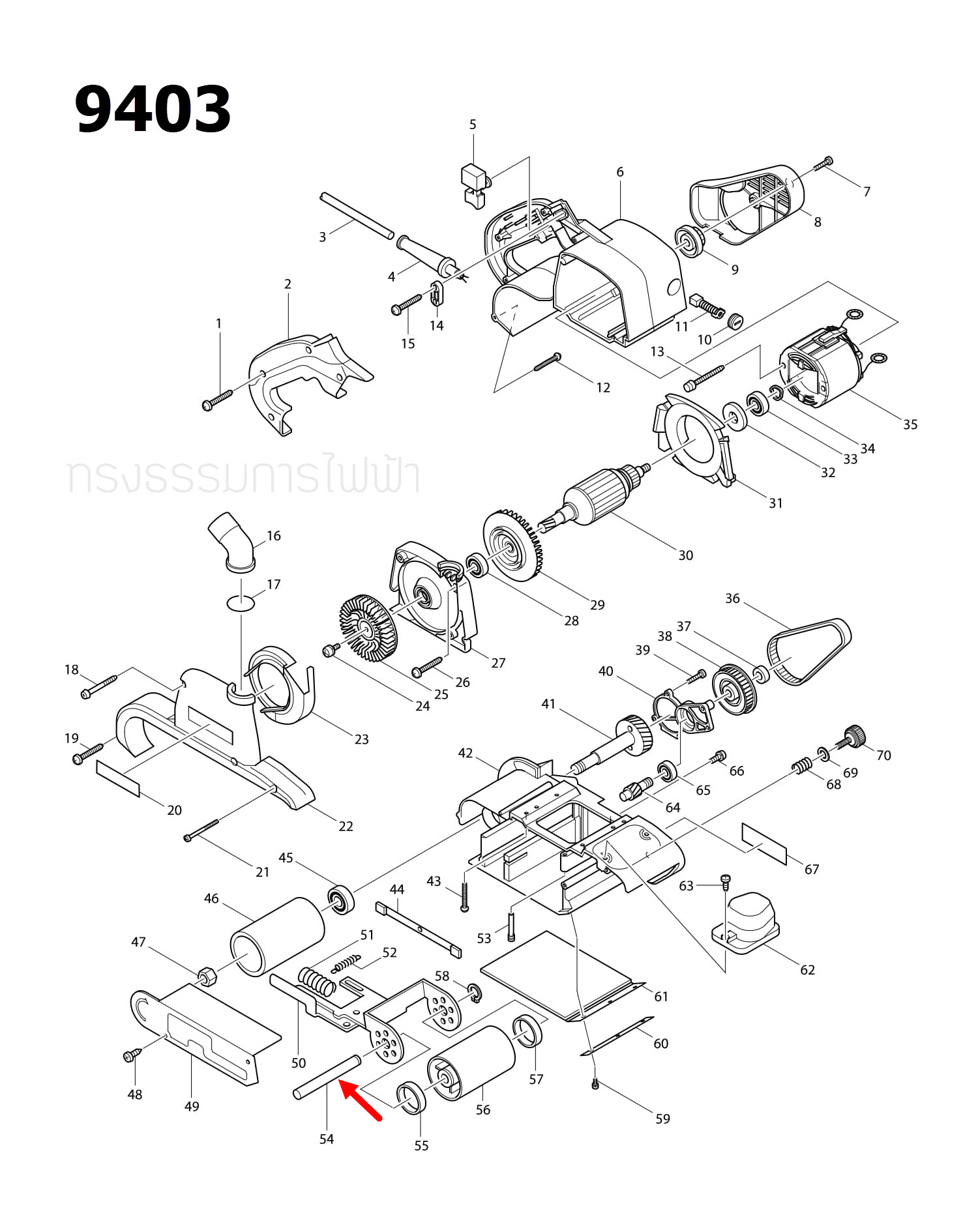 TENSION ROLLERSHAFT Maktec-มาคเทค, Makita มากีต้า 9403 [#54], MT940, MT941 [#49] Pn.323829-0 (แท้)##
