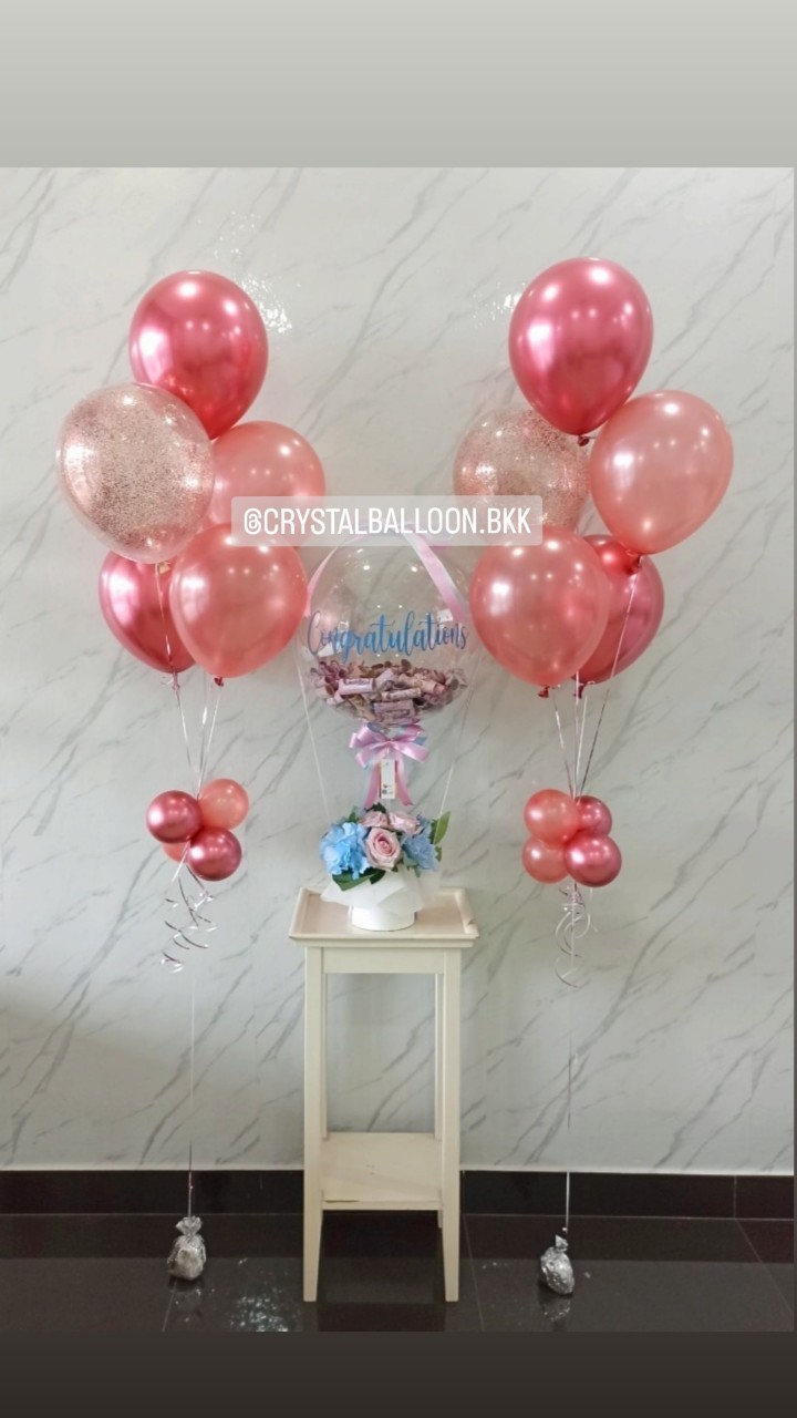 Flower Balloon เเสดงความยินดี Bubble ขนาด 18" พร้อม ช่อลูกโป่ง ช่อ 5 ลูก 2 ช่อ พร้อมตกเเต่ง สามารถใส่เงินได้ 150 ใบ สามารถเปลี่ยนข้อความ/เปลี่ยนสีดอกไม้ได้