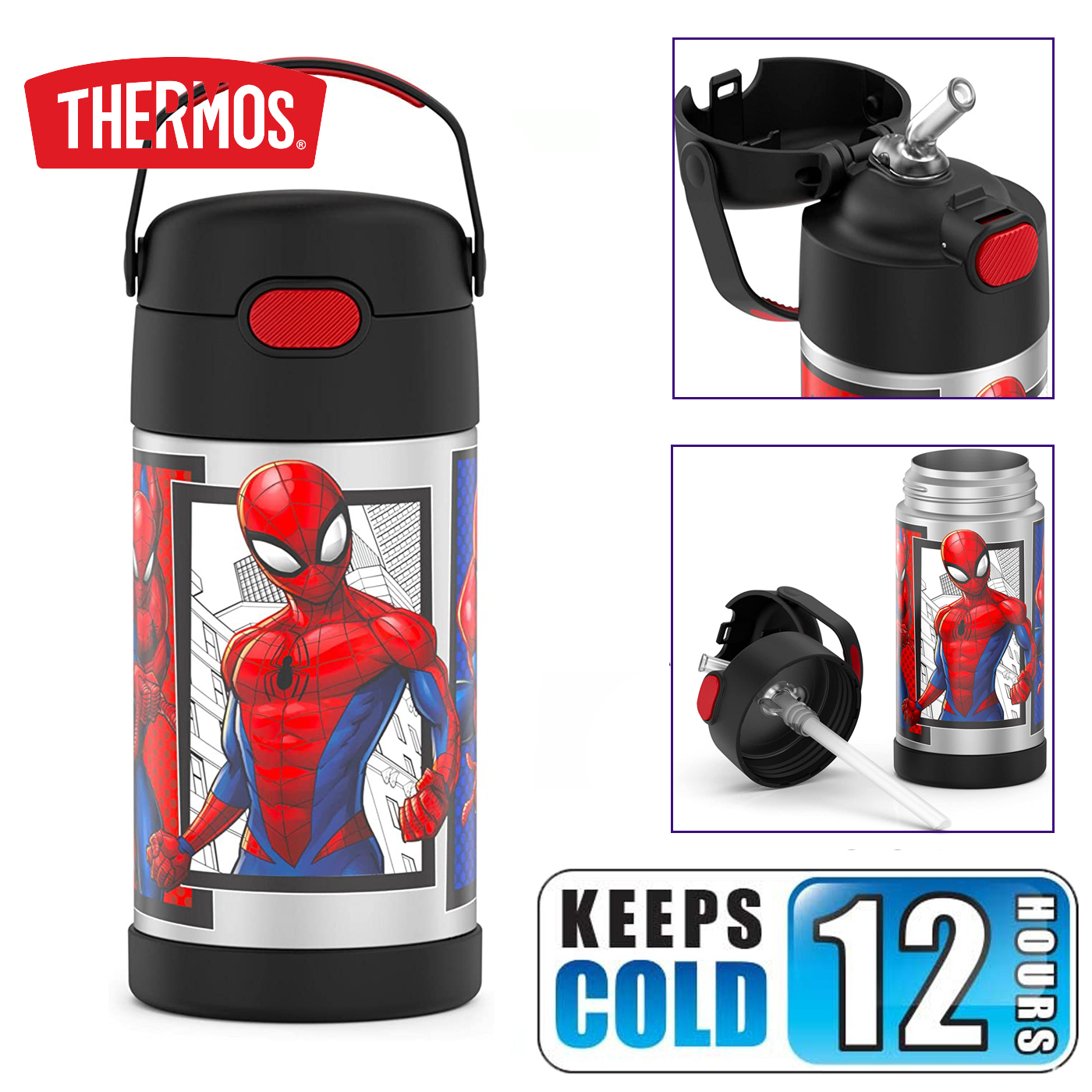 กระติกดูดน้ำแตนเลสหุ้มฉนวนสุญญากาศยี่ห้อ Thermos ของแท้ขนาด 12 ออนซ์ ลาย Spider-Man 2