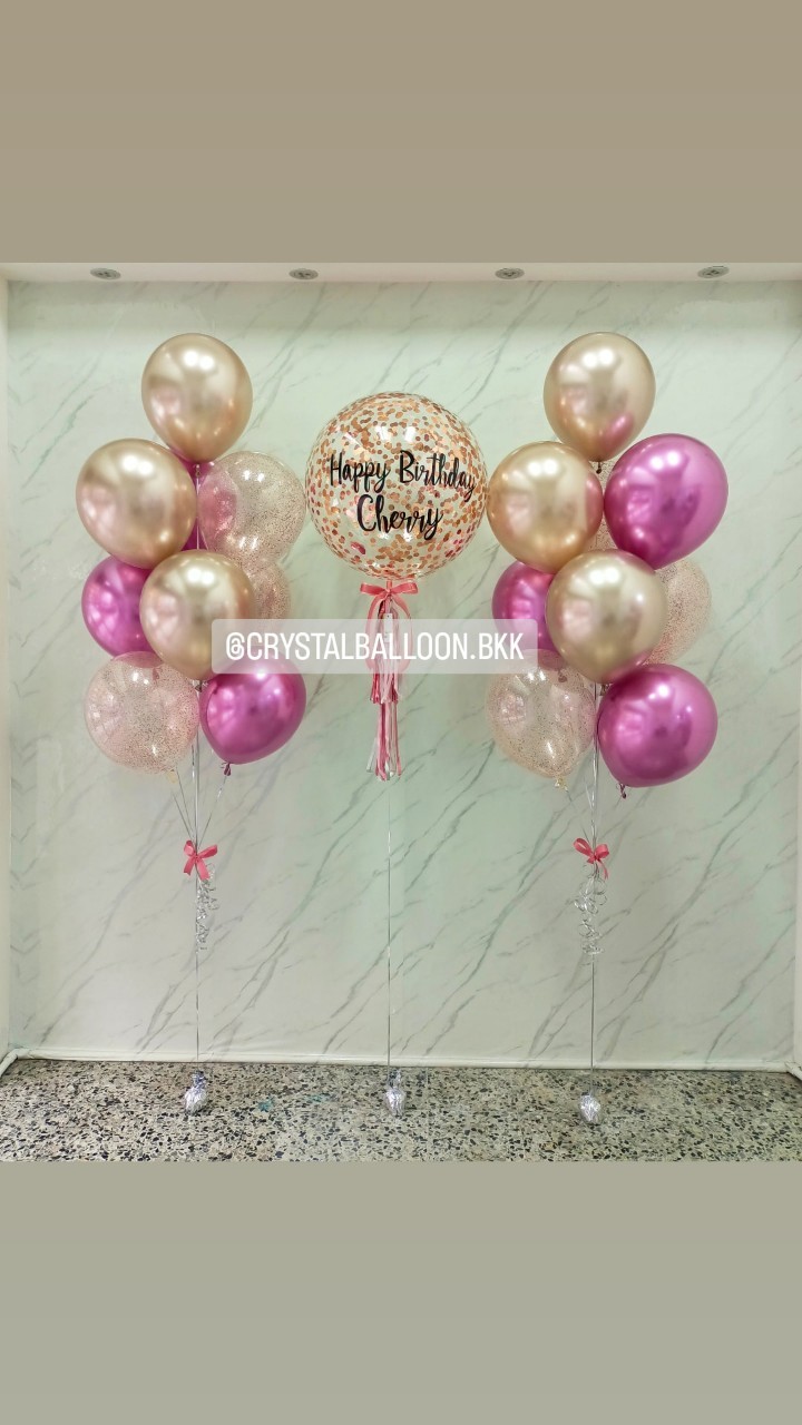 ลูกโป่ง วันเกิด Bubble ขนาด 24" คอนเฟตติสีโรสโกล พร้อมตกแต่ง ช่อลูกโป่งโครเมี่ยม ช่อ 9 ลูก 2 ช่อ,ลูกโป่งใส ใส่ กลิตเตอร์ สามารถเปลี่ยนสีลูกโป่ง/เปลี่ยนข้อความ/เปลี่ยนขนาดได้