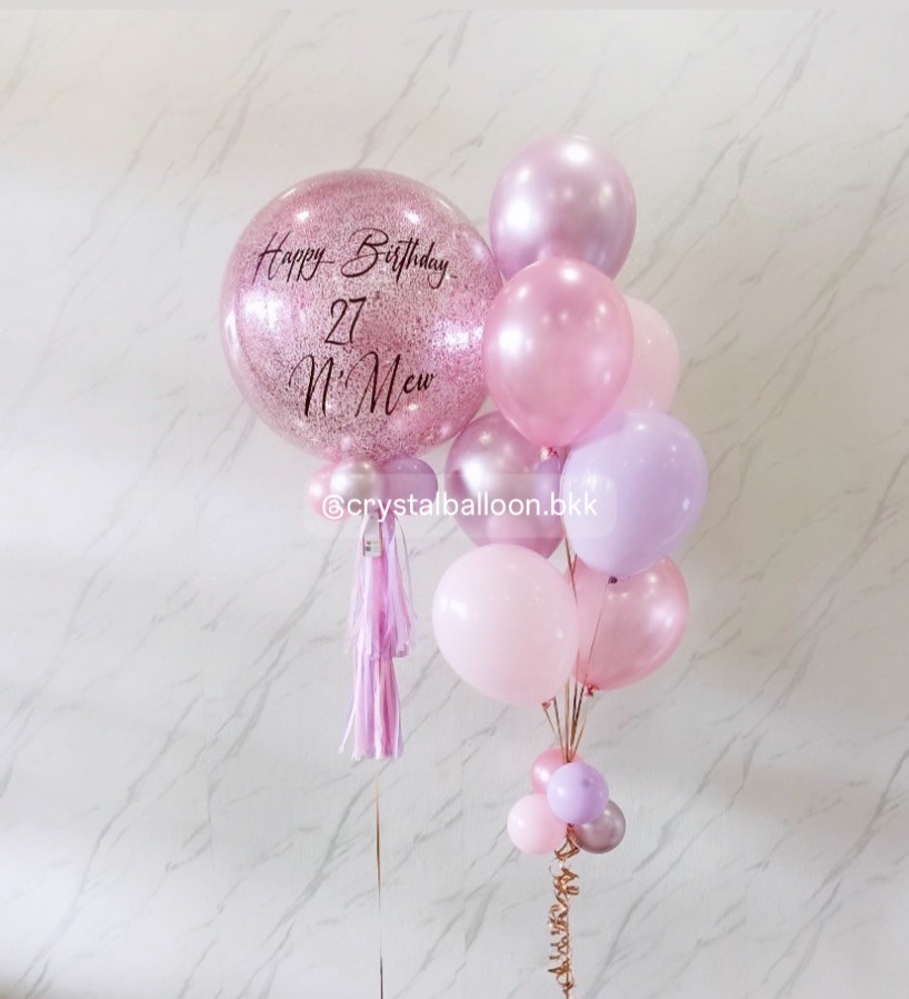 ลูกโป่ง วันเกิด Bubble ขนาด 24" กลิตเตอร์สีชมพู พร้อม ช่อลูกโป่ง ช่อ 7 ลูก 1 ช่อ Theme ชมพู - ม่วง พร้อมตกเเต่ง สามารถเปลี่ยนสีลูกโป่ง/เปลี่ยนข้อความ/เปลี่ยนขนาดได้