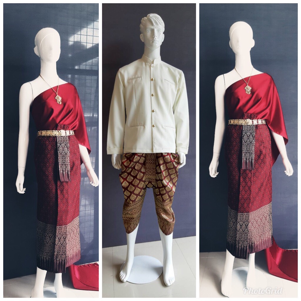 พร้อมส่ง ชุดไทย ชุดเพื่อนเจ้าสาว ชุดไทยผ้าถุงสีแดง สไบเรียบสีแดง