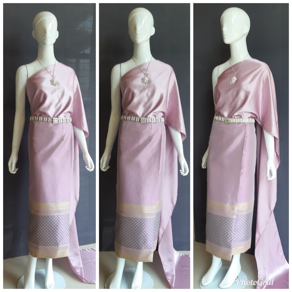 เช่า ชุดไทย ชุดเพื่อนเจ้าสาว ชุดไทยผ้าซิ่นสีเทาชมพู สไบเรียบสีกะปิ