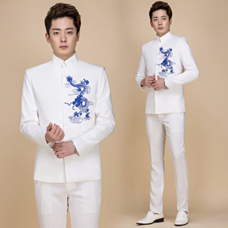 Pre-order ชุดสูทจีนชาย สีขาว ปักอกลายมังกรสีน้ำเงิน คอปีน แขนยาว สไตล์จีน