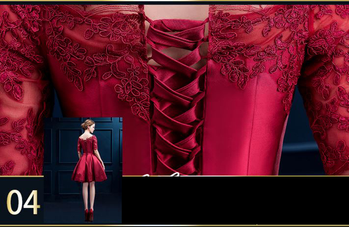 พร้อมเช่า ชุดราตรีสั้น แบบไหล่ปาด แขนยาว ผ้าซาติน แต่งลูกไม้สวยหรู สีไวน์แดง (เชือกผูกหลัง)