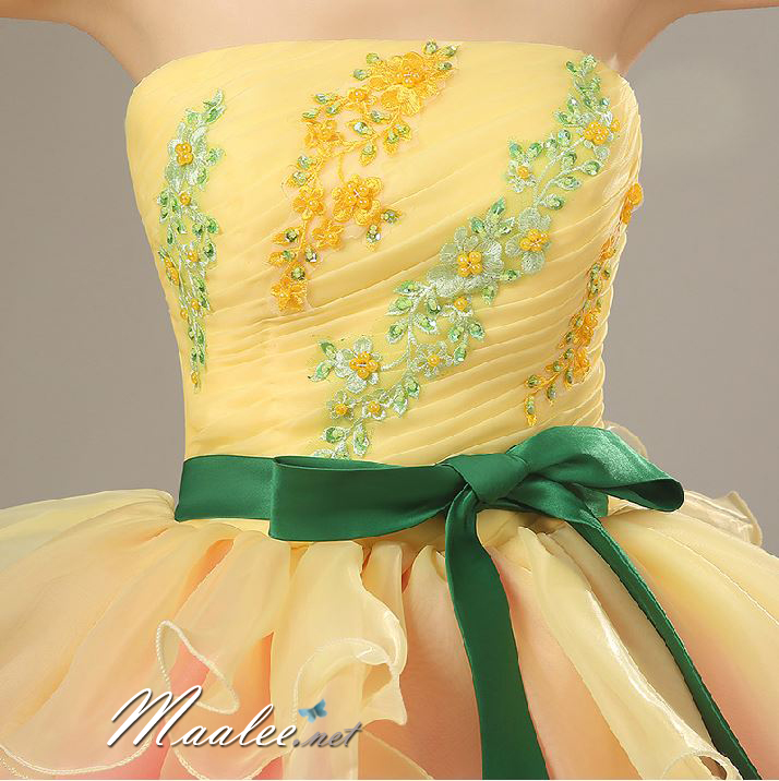 พร้อมเช่า ชุดแฟนซี ชุดราตรียาว แบบเกาะอก กรโปรงผ้าแก้ว สีเหลือง+ชมพู อกแต่งลูกปัดหรู โบว์คาดเอวสีเขียว