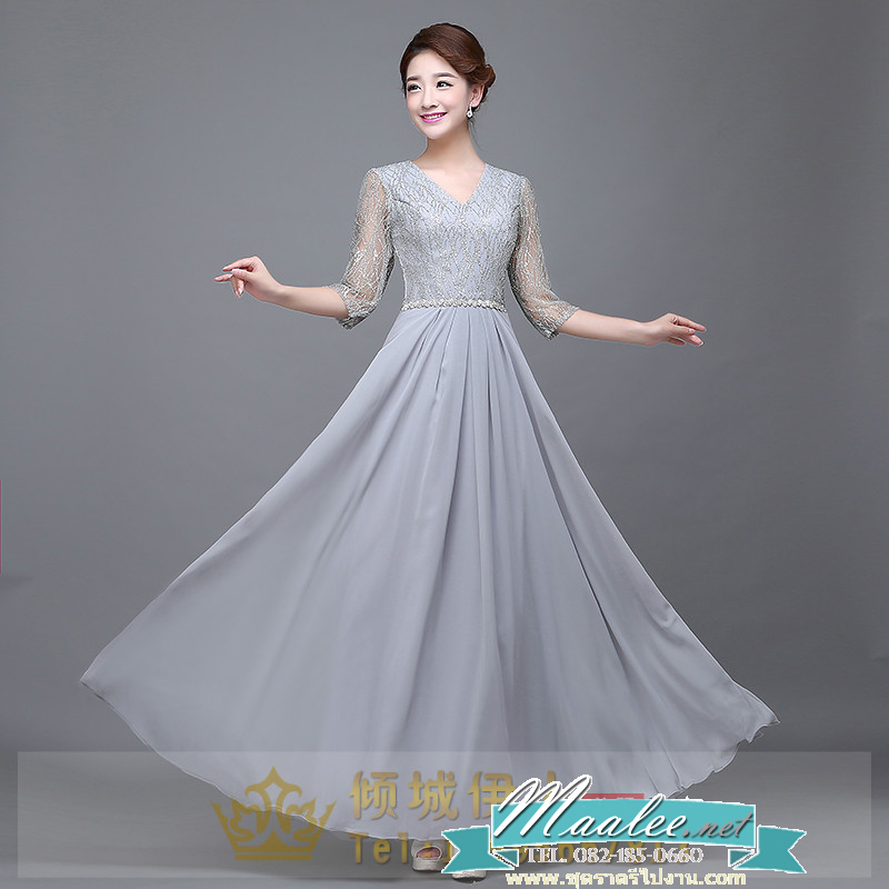 พร้อมเช่า สำหรับสาวไซส์ใหญ่ ชุดราตรียาว สีเทา แขนสามส่วน แต่งเม็ดกากเพชร ช่วงแขนผ้าโปร่ง สวยหรู คาดเข็มขัดช่วงเอว (XL-7XL)