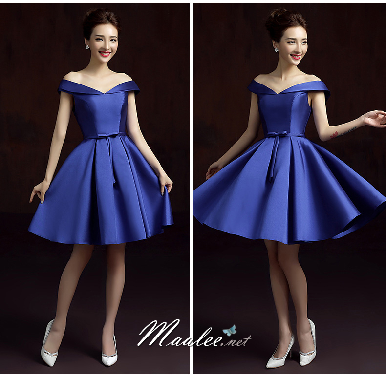 พร้อมเช่า ชุดราตรีสั้น แบบไหล่ปาด สไตล์วินเทจผ้าไหมดัชเชส กระโปรงทรงA แต่งโบว์ช่วงเอว (เชือกผูกหลัง) สีน้ำเงิน